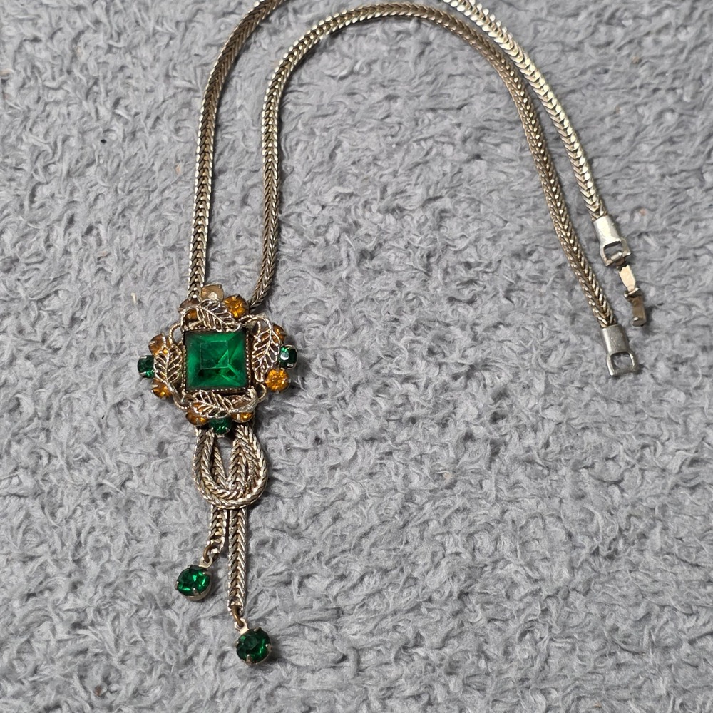 Vintage necklace Faux Slide Green Rhinestones Sterling Clasp Unique Vintage